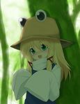  absurdres blonde_hair blush denpaken_pochi forest green_eyes hair_ribbon hat highres moriya_suwako nature open_mouth ribbon sidelocks sleeves_past_wrists solo touhou 