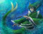  closed_eyes dress faux_traditional_media fish full_body green_dress head_fins highres japanese_clothes kimono long_sleeves mermaid mkm_(pixiv13235370) monster_girl obi sash short_hair solo touhou underwater wakasagihime wide_sleeves 
