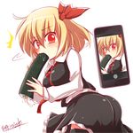  1girl alternate_breast_size bad_id bad_pixiv_id banned_artist black_legwear blonde_hair blush breasts cellphone food hair_ribbon kisaragi_zwei large_breasts long_sleeves looking_at_viewer makizushi phone red_eyes ribbon rumia sexually_suggestive shirt skirt skirt_set solo surprised sushi thighhighs touhou vest zettai_ryouiki 