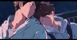  2boys backpack bag black_bag black_hair brown_hair closed_eyes closed_mouth commentary crew_neck grey_eyes haikyuu!! hashtag-only_commentary highres hood hood_down hoodie iwaizumi_hajime leaning leaning_on_person looking_at_another male_focus multiple_boys night night_sky oikawa_tooru_(haikyuu!!) parted_lips partially_shaded_face shirt signature sky sleeping star_(sky) upper_body white_hoodie white_shirt yokomiro_chan 