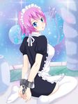  1girl apron bdsm blue_eyes bondage bound breasts chains facu10mag fairy_tail feet large_breasts looking_at_viewer maid maid_headdress maid_uniform no_shoes pink_hair short_hair thighhighs virgo_(fairy_tail) white_legwear 