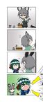  &gt;_&lt; 4koma =_= absurdres animal_ears bucket capelet chibi closed_eyes comic earplugs flying_sweatdrops fourth_wall gradient gradient_background green_hair grey_hair hat highres kasodani_kyouko lightning_bolt mouse mouse_ears multiple_girls nazrin rakugaki-biyori screaming silent_comic sweatdrop touhou 