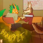 1:1 anthro book canid canine casey_(dmb) chair classroom classroom_desk clothed clothing dialogue duo english_text fart fart_cloud fluffy fluffy_tail fox fur furniture gassy hi_res jooper looking_back male male/male mammal multicolored_body multicolored_fur on_chair paper pen school sitting sitting_on_chair smelly speech_bubble tail text uncomfortable