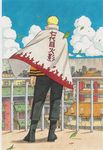  1boy absurdres back blonde_hair blue_sky city cloak cloud highres kishimoto_masashi leaf naruto official_art rooftop sky solo spiked_hair spoilers standing uzumaki_naruto volume_cover 