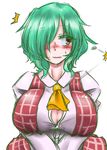  absurdres ascot breasts button_gap buttons cleavage colored_eyelashes eko_(yu-shao-eko) embarrassed green_hair highres kazami_yuuka large_breasts long_sleeves popped_button red_eyes shirt simple_background solo touhou upper_body vest wardrobe_malfunction white_background 