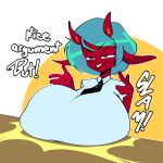 1:1 2024 big_breasts breasts clothed clothing demon desk dialogue digital_media_(artwork) english_text fair_argument_(meme) female frozenartifice furniture hair hi_res horn looking_at_viewer mammal meme mythological_creature mythological_scalie mythology necktie open_mouth purple_eyes red_body red_skin scalie shirt simple_background smile table teal_hair teeth text tit_drop topwear white_background