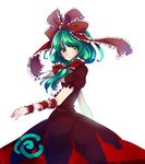  bow dress front_ponytail green_eyes green_hair hair_bow hair_ribbon kagiyama_hina looking_at_viewer mountain_of_faith red_dress ribbon smile solo spinning touhou tsunakan wrist_cuffs 