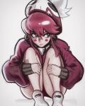  bandage_on_face bandages blush chapinor fetal_position highres jacket jakuzure_nonon kill_la_kill looking_to_the_side nike_(company) pink_eyes pink_hair torn_clothes track_jacket 