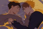  2boys arm_up brown_eyes brown_hair brown_shirt closed_mouth couple eye_contact haikyuu!! hand_on_another&#039;s_face highres holding_hands interlocked_fingers iwaizumi_hajime long_sleeves looking_at_another lying male_focus multiple_boys oikawa_tooru_(haikyuu!!) on_back on_bed on_side parted_lips shirt short_hair sleeves_past_wrists smile twitter_username under_covers upper_body window_shadow yaoi yokomiro_chan 