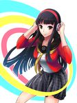  amagi_yukiko black_hair brown_eyes hairband headphones jas_(kda10457) long_hair md5_mismatch no_legwear persona persona_4 persona_4:_dancing_all_night persona_dancing school_uniform skirt 