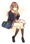  bag black_legwear breath brown_eyes brown_hair cat character_request enpera kneehighs loafers long_hair original scarf school_bag school_uniform shoes sitting solo yuzuki_karu 