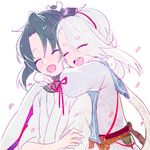  cherry_blossoms closed_eyes eyes_visible_through_hair hair_over_one_eye historical_connection hug hug_from_behind ima-no-tsurugi long_hair male_focus minamoto_no_yoshitsune multiple_boys open_mouth sekimo stole touken_ranbu white_background 