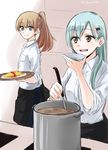  alternate_costume aqua_eyes aqua_hair brown_hair food green_eyes hair_ornament hairclip jikasei kantai_collection kumano_(kantai_collection) ladle long_hair multiple_girls omurice open_mouth plate ponytail pot sleeves_rolled_up smile suzuya_(kantai_collection) tray twitter_username 