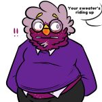 1:1 2024 ambiguous_gender anthro bugsnax clothed clothing colored english_text floofty_fizzlebean grumpus hi_res magenta_fur offscreen_character pregnant pregnant_anthro pregsnax(artist) simple_background small_clothing solo text young_horses