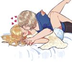  2girls black_pants blonde_hair blue_shirt blue_shorts blush closed_eyes commentary dress dungeon_meshi elf english_commentary falin_touden falin_touden_(tallman) girl_on_top hand_on_another's_shoulder heart highres holding_hands im_vess interlocked_fingers kiss kissing_cheek leg_lock leg_up light_brown_hair long_hair marcille_donato multiple_girls pants pointy_ears shirt short_hair shorts sleeves_rolled_up twitter_username yellow_dress yuri 