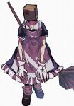  1boy apron bag bag_over_head black_footwear broom collared_dress commentary crossdressing dress faust_(guilty_gear) frilled_dress frills gloves guilty_gear highres kooppa0111 layered_sleeves long_arms maid maid_apron male_focus mary_janes one_eye_covered paper_bag red_eyes shoes simple_background socks white_background white_gloves white_socks 