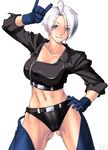  1girl \m/ angel_(kof) breasts gloves hand_on_hips king_of_fighters large_breasts midriff simple_background smile snk solo very_short_hair white_background white_hair 