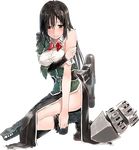  bare_shoulders black_eyes black_footwear black_hair black_legwear black_skirt blush bob_(biyonbiyon) boots bow bowtie breasts chikuma_(kantai_collection) damaged full_body hand_on_own_arm kantai_collection kneeling long_hair long_skirt lowres medium_breasts no_panties official_art pelvic_curtain remodel_(kantai_collection) short_sleeves side_slit single_thighhigh skirt solo thighhighs transparent_background turret 