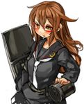  black_skirt blush brown_hair crescent glasses kantai_collection long_hair long_sleeves machinery mochizuki_(kantai_collection) open_mouth red-framed_eyewear sachito school_uniform serafuku simple_background skirt solo white_background yellow_eyes 