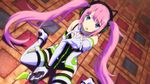  1girl atlus bare_shoulders blue_eyes boots conception_2 fuuko_amicus gloves gun headphones kneeling looking_at_viewer pink_hair twintails weapon 