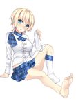  blonde_hair blue_eyes bonkiru feet highres original plaid plaid_skirt recirah short_hair single_sock skirt socks socks_removed solo 