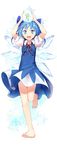  animal arms_up barefoot blue_dress blue_eyes blue_hair bow cirno dress efe fairy frog frozen frozen_frog full_body hair_ornament hair_ribbon ice ice_wings looking_at_viewer open_mouth puffy_sleeves ribbon short_hair short_sleeves simple_background smile solo touhou white_background wings 