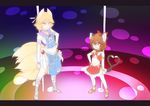  adapted_costume animal_ears blonde_hair brown_hair cat_ears cat_tail chen commentary_request cosplay ear_piercing fox_ears fox_tail hand_on_hip high_heels jewelry kitsunetsuki_itsuki looking_at_viewer midriff multiple_girls multiple_tails navel nekomata panty_&amp;_stocking_with_garterbelt panty_(psg) panty_(psg)_(cosplay) parody piercing shirt single_earring skirt smile stage stocking_(psg) stocking_(psg)_(cosplay) stripper_pole tail touhou yakumo_ran yellow_eyes 