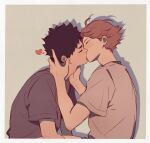  2boys arms_up black_hair black_shirt blush border brown_hair closed_eyes commentary_request couple grey_shirt haikyuu!! hands_on_another&#039;s_face heart highres iwaizumi_hajime kiss male_focus multiple_boys oikawa_tooru_(haikyuu!!) profile russian_commentary shadow shirt short_sleeves t-shirt upper_body white_border yaoi yokomiro_chan 