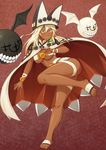  belt beltbra blonde_hair breasts cape creature dark_skin fighting_stance guilty_gear guilty_gear_xrd hat highres large_breasts leg_lift long_hair looking_away murata_isshin navel orange_eyes parted_lips ramlethal_valentine short_shorts shorts solo tan thigh_strap thighs underboob 