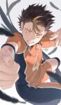  1boy absurdres black_feathers black_hair falling_feathers feathers foot_out_of_frame grin haikyuu!! highres karasuno_volleyball_uniform looking_at_viewer male_focus multicolored_clothes multicolored_hair multicolored_shirt multicolored_shorts nishinoya_yuu orange_eyes orange_shirt shirt short_hair shorts simple_background smile solo sportswear sua_lucid teeth two-tone_hair v-shaped_eyebrows volleyball_uniform white_background 