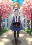  artoria_pendragon_(all) bag black_legwear blonde_hair blouse blue_eyes blue_skirt blurry cherry_blossoms contemporary day depth_of_field fate/stay_night fate_(series) folded_ponytail highres long_hair long_skirt looking_at_viewer mary_janes outdoors pantyhose saber school school_bag shoes sketch skirt skirt_set wenhe white_blouse 