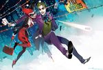  1girl black_bodysuit bodysuit couple dc_comics domino_mask formal harley_quinn mallet mask red_bodysuit sarah_stone suit the_joker 