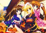  :p absurdres animal_ears blonde_hair blue_eyes blush brown_hair bunny_ears fate_testarossa flower fujima_takuya happy highres japanese_clothes kimono long_hair lyrical_nanoha mahou_shoujo_lyrical_nanoha_vivid multiple_girls open_mouth ponytail red_eyes scan short_hair side_ponytail takamachi_nanoha tongue tongue_out very_long_hair yagami_hayate 