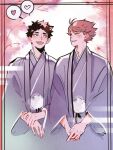  2boys black_hair blue_kimono blush brown_hair cherry_blossoms commentary couple cowboy_shot english_commentary flower haikyuu!! hand_on_own_wrist heart highres iwaizumi_hajime japanese_clothes kimono looking_at_another male_focus multiple_boys oikawa_tooru_(haikyuu!!) open_mouth parted_lips pink_flower short_hair side-by-side smile speech_bubble spoken_heart teeth upper_teeth_only wide_sleeves yaoi yokomiro_chan yukata 