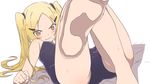 1girl aoyama_mio arm_support ass bare_shoulders barefoot blonde_hair blush closed_mouth female kami_nomi_zo_shiru_sekai long_hair looking_at_viewer shadow solo swimsuit twintails white_background yellow_eyes yuto yuto_(dialique) 