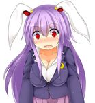  animal_ears blazer blush breasts bunny_ears cleavage collarbone crescent crescent_hair_ornament hair_ornament jacket large_breasts long_hair long_sleeves md5_mismatch open_mouth pleated_skirt purple_hair red_eyes reisen_udongein_inaba shirt shocked_eyes skirt solo touhou us2s very_long_hair 