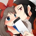  1girl black_hair blue_eyes blush bow fang hair_bow hat hoshihuri odamaki_sapphire pokemon pokemon_(game) pokemon_oras pokemon_special red_eyes ruby_(pokemon) ticket zipper 