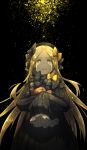  1girl abigail_williams_(fate/grand_order) bangs black_background black_bow black_dress black_hat blonde_hair bow crying crying_with_eyes_open dress fate/grand_order fate_(series) floating_hair hair_bow hat highres holding holding_stuffed_animal kan_(aaaaari35) long_hair looking_up open_mouth parted_bangs sleeves_past_wrists solo standing stuffed_animal stuffed_toy tears teddy_bear very_long_hair yellow_bow yellow_eyes 