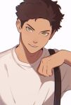  1boy aged_up arm_up brown_hair commentary crew_neck curled_fingers english_commentary green_eyes haikyuu!! highres iwaizumi_hajime looking_at_viewer male_focus shirt short_hair simple_background smile solo t-shirt teeth white_background white_shirt yokomiro_chan 