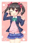  ;d \m/ bangs black_hair blazer blush bow bowtie buttons cardigan customer_(carrack) double_\m/ fang frame hair_bow jacket looking_at_viewer love_live! love_live!_school_idol_project nico_nico_nii one_eye_closed open_blazer open_clothes open_jacket open_mouth otonokizaka_school_uniform pleated_skirt red_eyes school_uniform shirt short_hair short_twintails simple_background skirt smile solo standing star starry_background twintails white_shirt yazawa_nico 