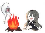  :3 akemi_homura black_dress black_hair clara_dolls_(madoka_magica) comic dress fc_(efushii) fire flame hairband holding kyubey long_hair magical_girl mahou_shoujo_madoka_magica mahou_shoujo_madoka_magica_movie monster red_eyes simple_background sitting smile white_background wood 