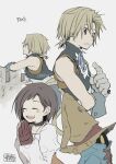  1girl 2boys bare_shoulders black_choker blonde_hair blue_coat blue_eyes blue_ribbon bodysuit brown_hair choker closed_eyes coat cropped_vest final_fantasy final_fantasy_ix garnet_til_alexandros_xvii gloves grey_gloves hat jewelry juliet_sleeves long_sleeves low_ponytail multiple_boys multiple_views neck_ribbon orange_bodysuit own_hands_together parted_lips pendant puffy_long_sleeves puffy_sleeves red_gloves ribbon shirt short_hair sleeveless sleeveless_shirt takase_toho twitter_username vest vivi_ornitier white_shirt wizard_hat wrist_cuffs yellow_eyes zidane_tribal 