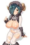  blush bodysuit breasts breasts_outside green_hair hair_over_one_eye highres hood horns large_breasts nipples sengoku_collection short_hair simple_background solo tenchisouha torn_bodysuit torn_clothes white_background yellow_eyes 