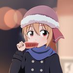  alternate_costume beanie blonde_hair blurry blush cato_(monocatienus) coat contemporary depth_of_field eating fur_trim hat ikayaki looking_at_viewer red_eyes rumia scarf short_hair smile solo squid touhou upper_body winter_clothes 