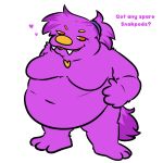 1:1 2024 anthro beffica_winklesnoot bugsnax colored digital_drawing_(artwork) digital_media_(artwork) english_text female full-length_portrait fur grumpus hair hi_res overweight overweight_anthro overweight_female ponytail portrait pregsnax(artist) purple_body purple_fur solo text young_horses