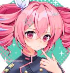  1girl 2000s_(style) alternate_hair_color blush buttons commentary contributi0ns drill_hair english_commentary eyeshadow green_eyeshadow hair_between_eyes hair_ornament hair_ribbon hairclip hand_up highres jacket kasane_teto kasane_teto_(sv) looking_at_viewer makeup pink_eyes pink_hair pink_nails ribbon short_hair sparkle star_(symbol) star_hair_ornament synthesizer_v tan tumblr_username twin_drills upper_body utau watermark 