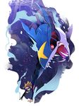  brown_hair diver_(pokemon) diving_mask diving_mask_on_eyes gen_3_pokemon goggles motojima_hakka open_mouth pokemon pokemon_(creature) pokemon_(game) pokemon_oras pokemon_trainer red_eyes sharp_teeth sharpedo swimming teeth underwater wetsuit white_background 