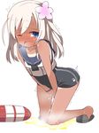  blonde_hair blue_eyes blush bracelet collarbone crop_top highres jewelry kantai_collection lifebuoy long_hair nanateru one_eye_closed open_mouth pee peeing ro-500_(kantai_collection) school_swimsuit school_uniform serafuku slippers solo swimsuit tears trembling wavy_mouth 