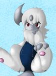  3_toes :3 absol ambiguous_gender black_nose blue_background blue_fur fur grey_fur hi_res hindpaw looking_down nintendo pawpads paws plain_background pok&eacute;mon red_eyes solo spread_legs spreading toes tuft unknown_artist video_games white_fur 