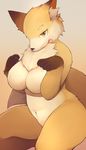  2015 akitaka anthro breasts canine chest_tuft female fluffy fox fur looking_at_viewer mammal markings navel nude sitting socks_(marking) solo tongue tongue_out tuft yellow_eyes yellow_fur 